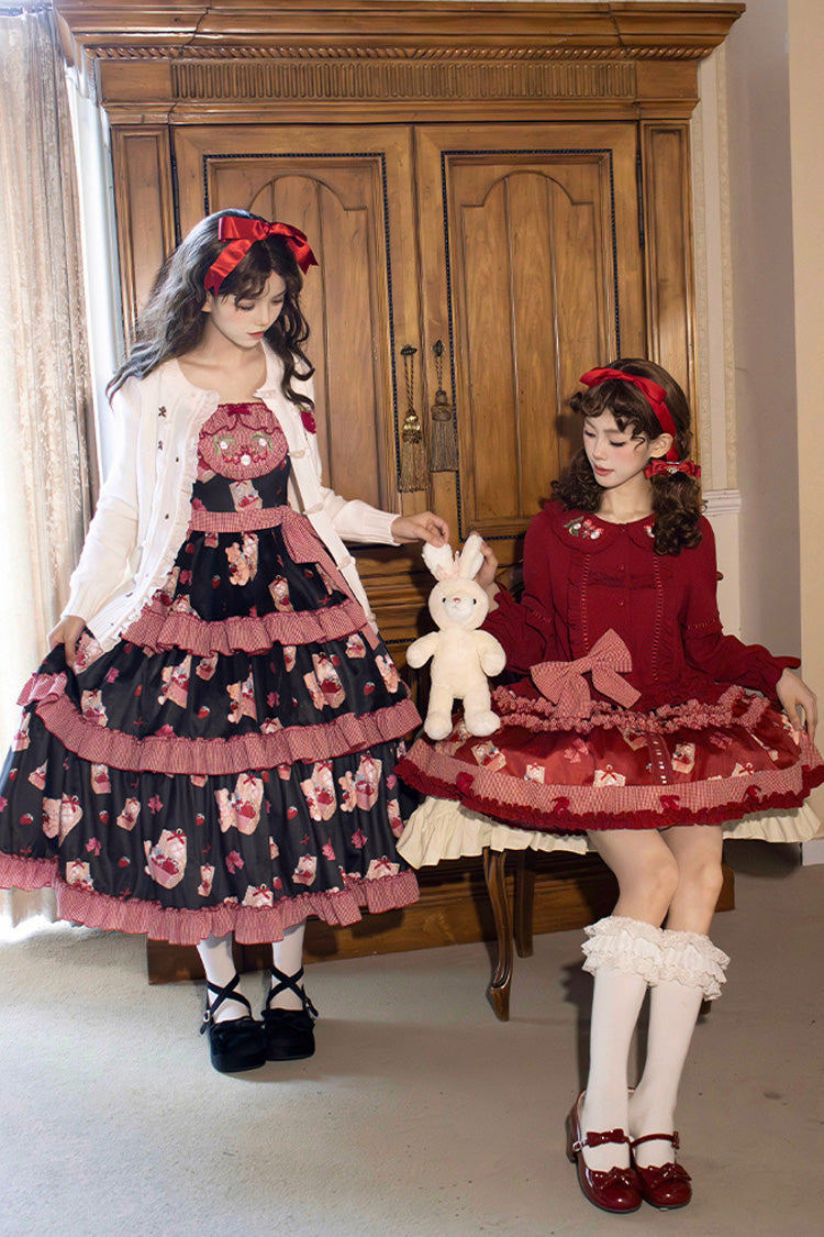 Blue/Pink Bell Strawberry Farm Embroidery Print Triple-Layered Ruffle Sweet Lolita JSK Dress