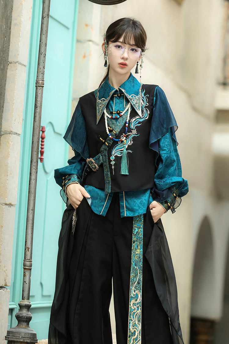 Black/Green Round Collar Long Sleeves Ruffle Embroidery Chinese Style Vintage Handsome Ouji Lolita Set