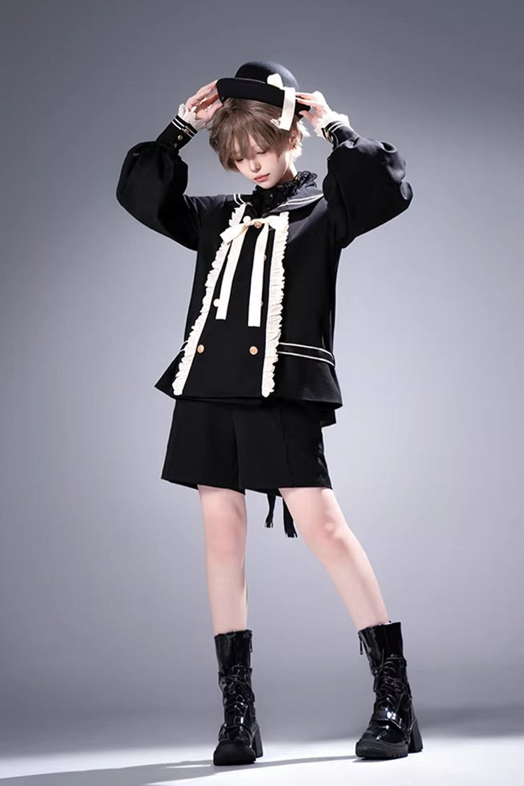 Black City of Mist Navy Collar Long Sleeves Gothic College Style Prince Ouji Lolita Shorts Coat Set