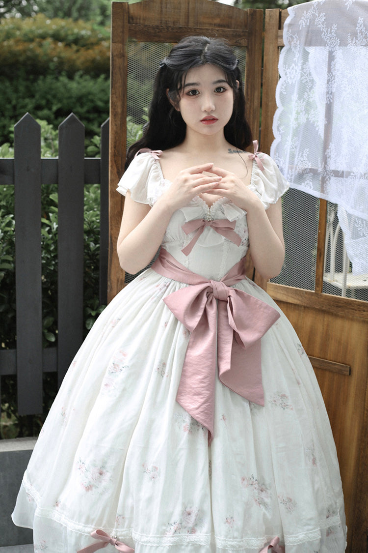 Rose Elegant Short Sleeves Print Ruffle Bowknot Sweet Plus Size Lolita Dress 2 Colors