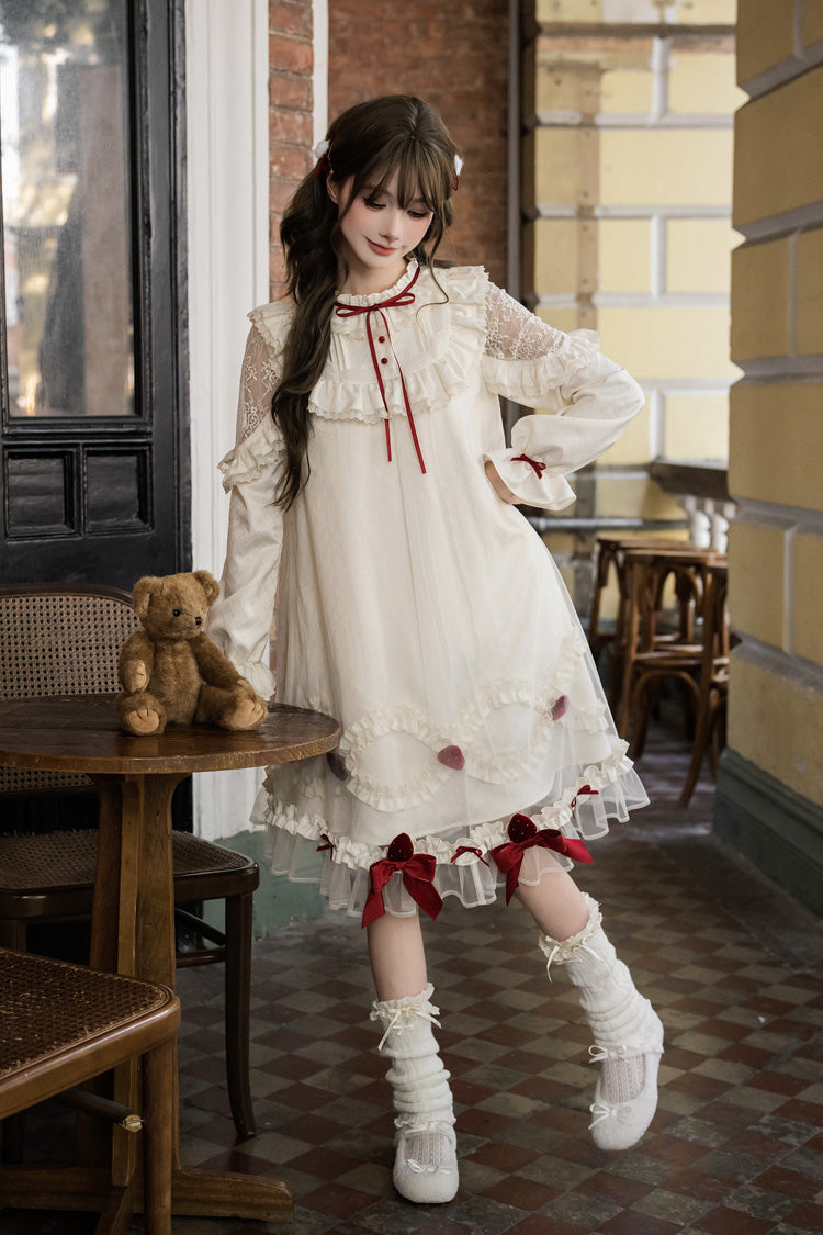 Ivory Strawberry Cream Cake Stand Collar Long Sleeves Ruffled Bow Lace Sweet Lolita Dress