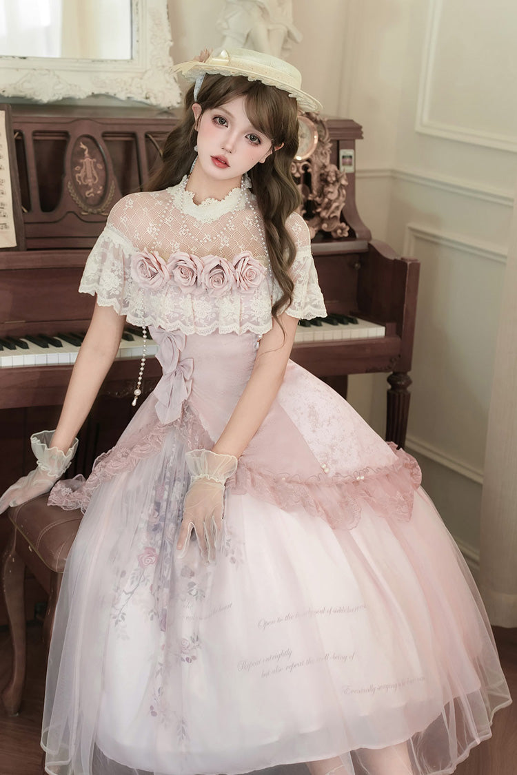 Pink Rose Poems Ruffle Embroidery Bowknot Lace Asymmetric Sweet Elegant Lolita Dress Set