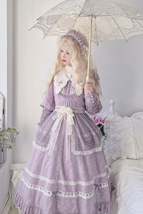 Purple Cross Dark Church Elegant Lace Long Sleeves Ruffled Classic Lolita OP Dress