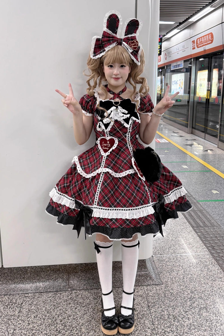 Red Shibuya Sweetheart Short Sleeves Plaid Print Ruffle Bowknot Sweet Lolita OP Dress (Plus Size Support)