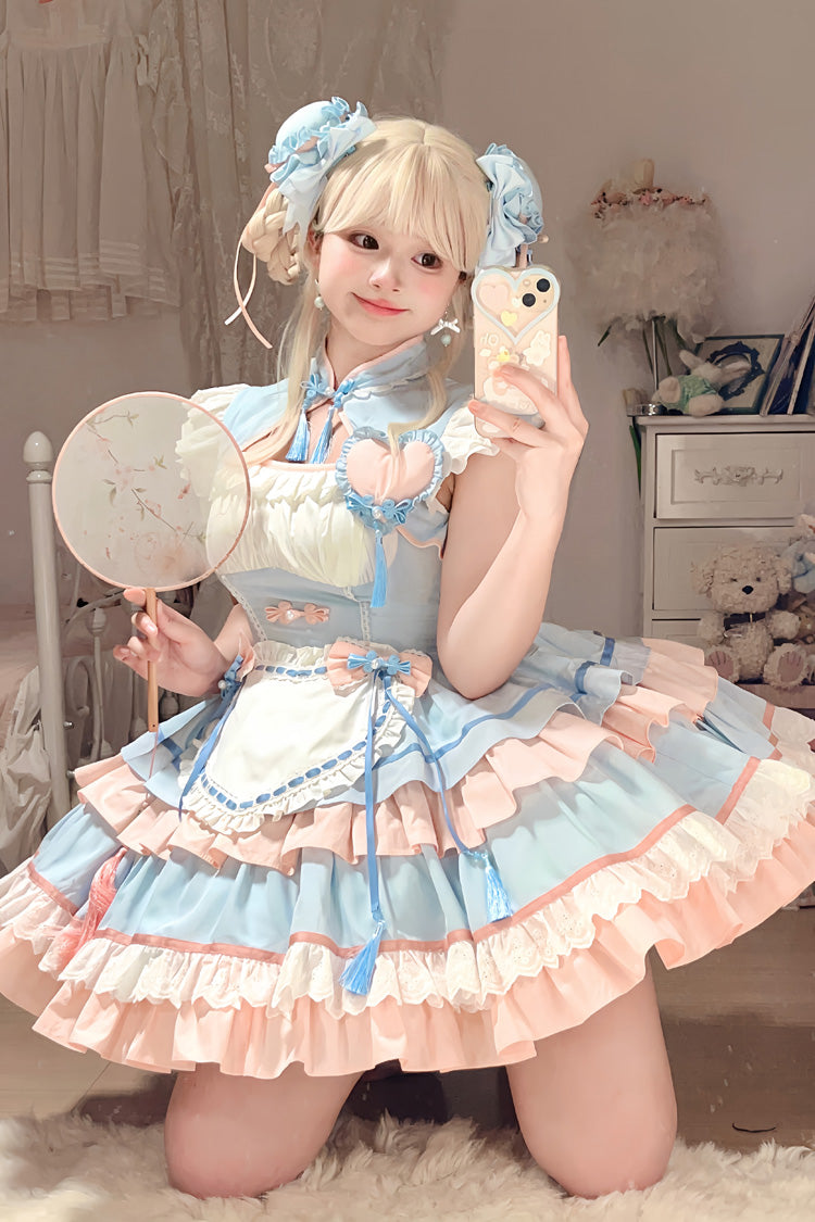 Blue/Pink Multi-Layered Ruffle Sweet Chinese Style Maid Cheongsam Lolita Dress