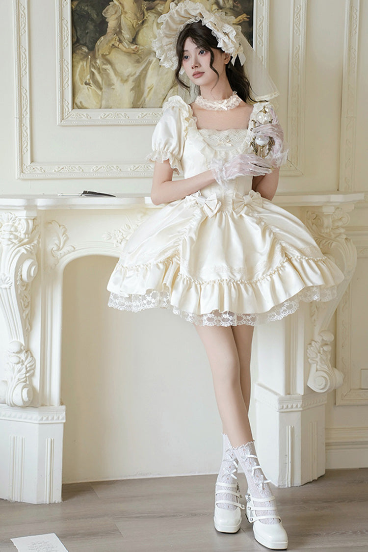 White Letters and Poems Square Collar Short Sleeves Ruffle Hanayome Bowknot Sweet Elegant Gorgeous Lolita Dress