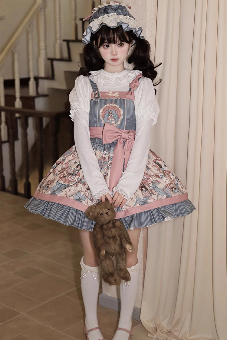 Blue Doll Print Ruffle Bowknot Sweet Lolita Strap Dress
