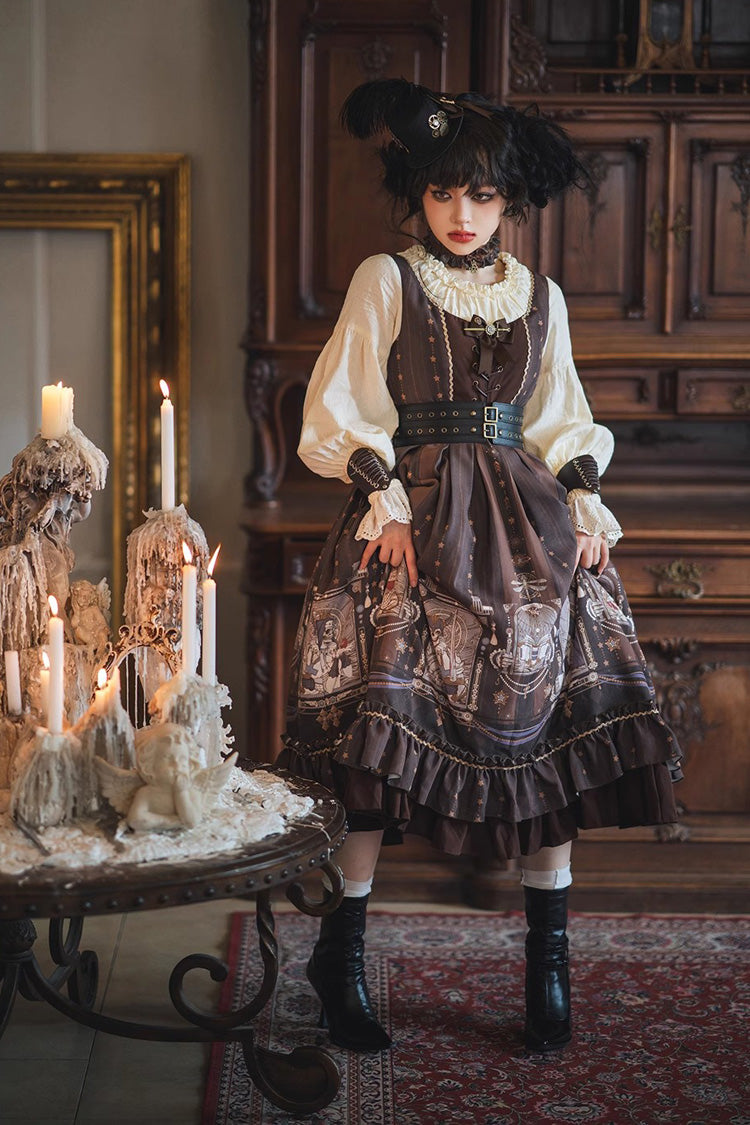 Demon Hunting Notes Long Lantern Sleeves Print Ruffle Sweet Elegant Lolita Dress 2 Colors