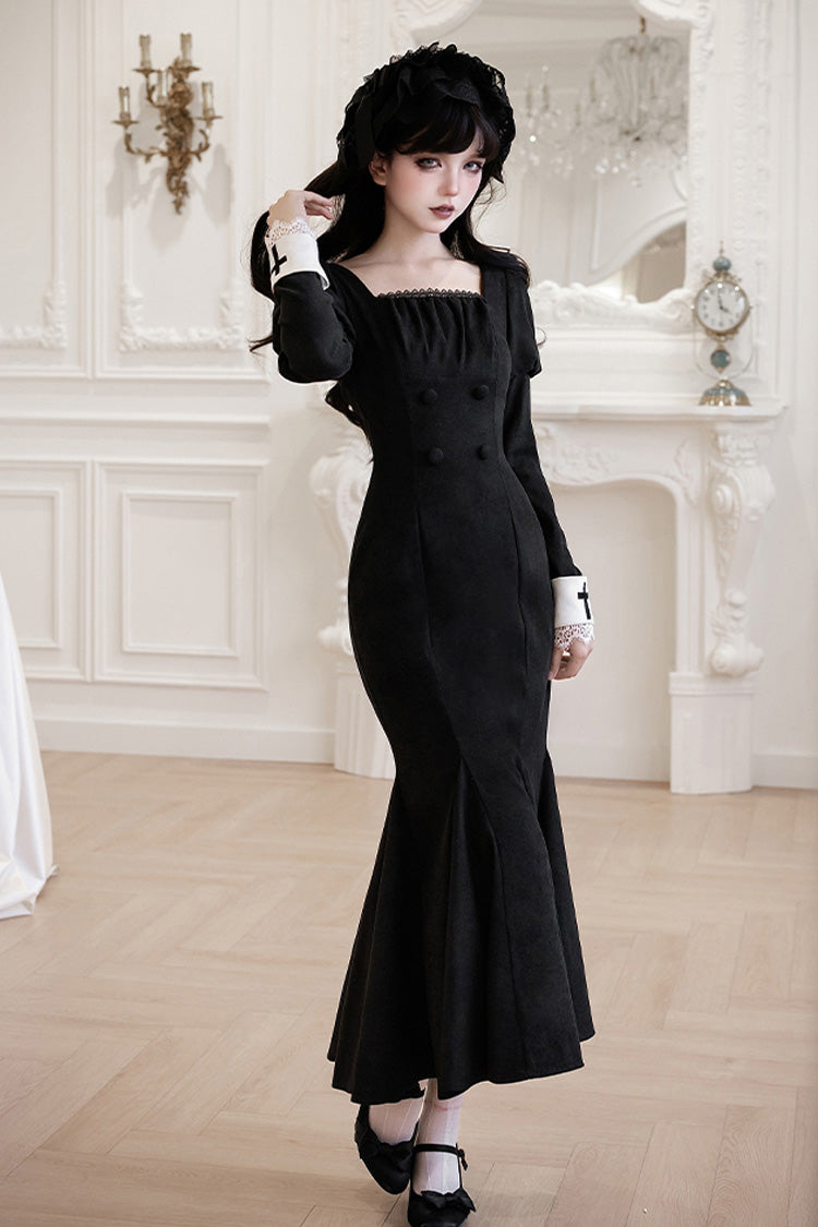 Black/White Rose Doll Square Collar Long Sleeves Bowknot Lace-Up Gothic Lolita Dress Set 2 Versions