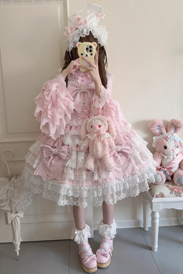 Pink Knot of the Crossed Heart Sleeveless Multi-Layered Ruffle Hanayome Cardigan Bowknot Lace Lace-Up Sweet Lolita Jsk Dress