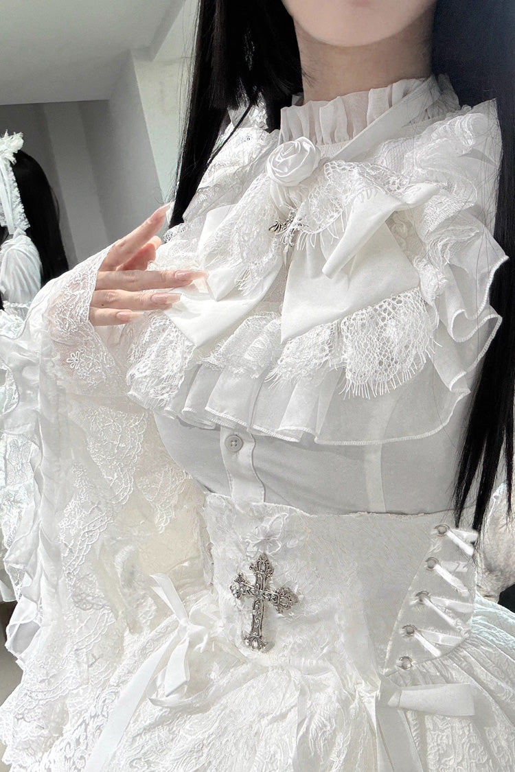White Eternal Taboo Long Hime Sleeves Ruffled Bow Gothic Lolita Skirt Dress Set