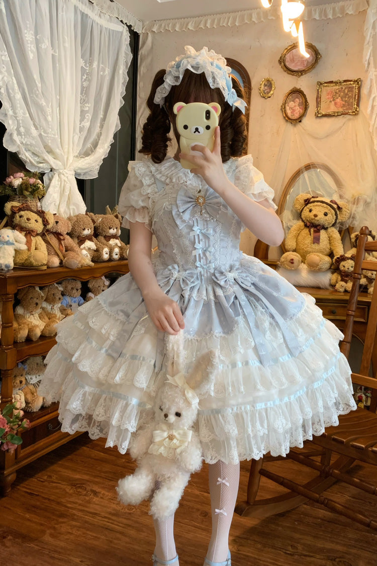 Blue Snow Kissed Romance Sleeveless High Waisted Multi-Layered Bowknot Lace Pearl Sweet Ballet Lolita Jsk Dress