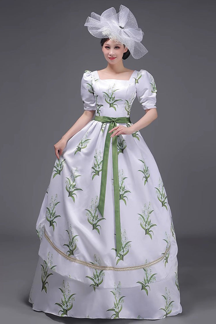 White/Green European Court Short Sleeves Flowers Grass Print Sweet Vintage Victorian Dress
