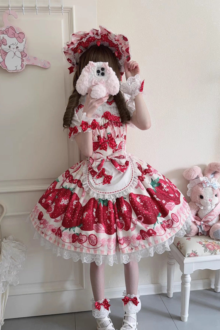 Dream to Strawberry Print Ruffle Bowknot Lace Sweet Lolita Jsk Dress 4 Colors