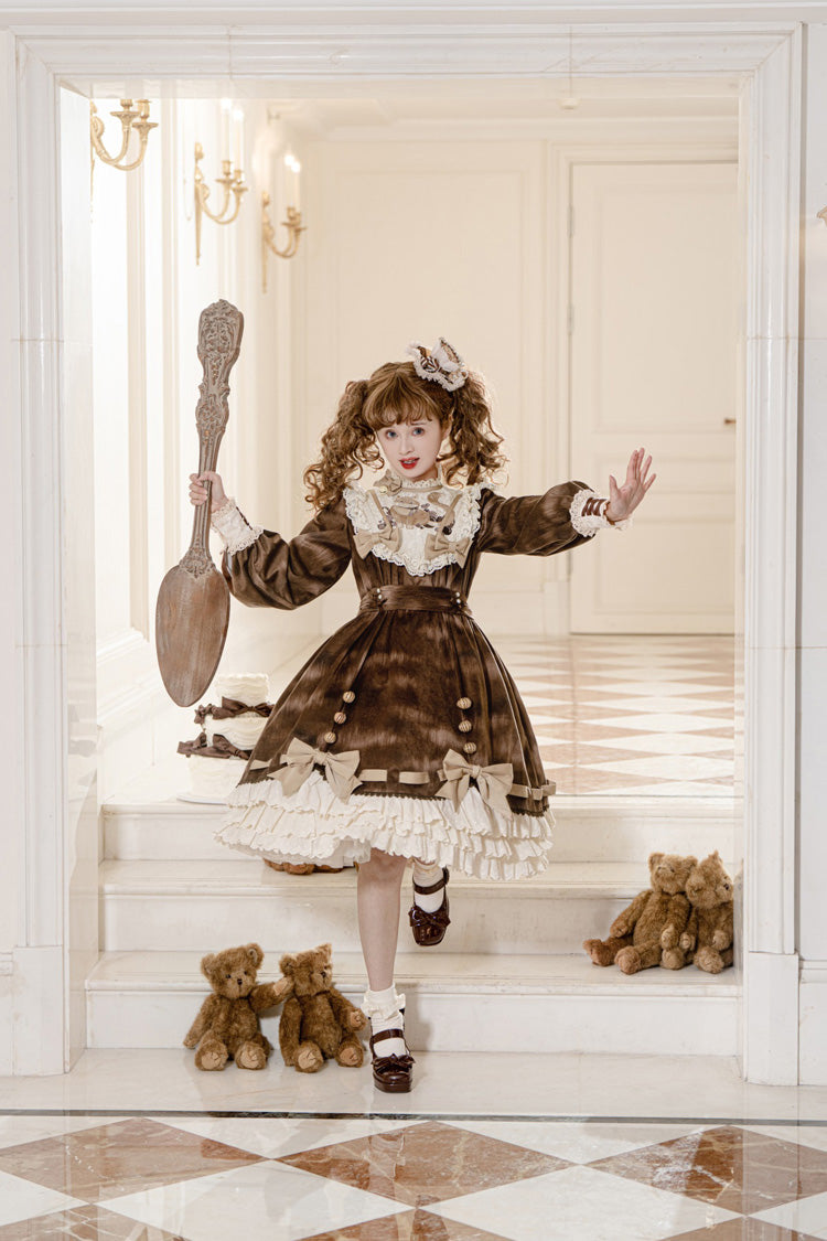 Brown Chocolate Cat Print Long Sleeves Ruffle Bowknot Sweet Lolita Dress