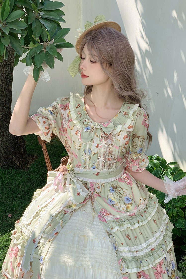 Green Cat Rose Tea Short Sleeves Print Ruffle Cardigan Bowknot Sweet Gorgeous Lolita Dress