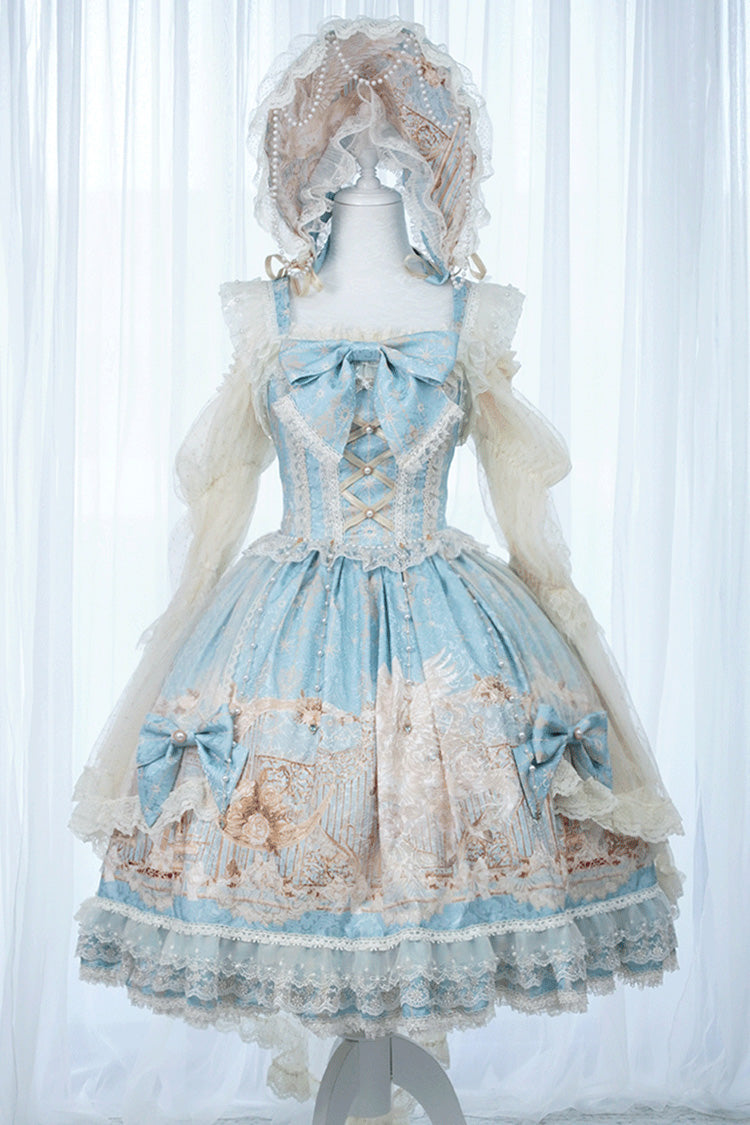 Blue Unicorn Print Sleeveless Multi-Layered Embroidery Bowknot Lace Sweet Lolita Jsk Dress