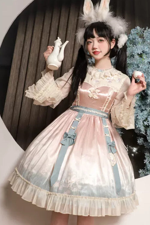 Pink Round Collar Trumpet Sleeves Rabbit Embroidery Print High Waisted Sweet Lolita OP Dress
