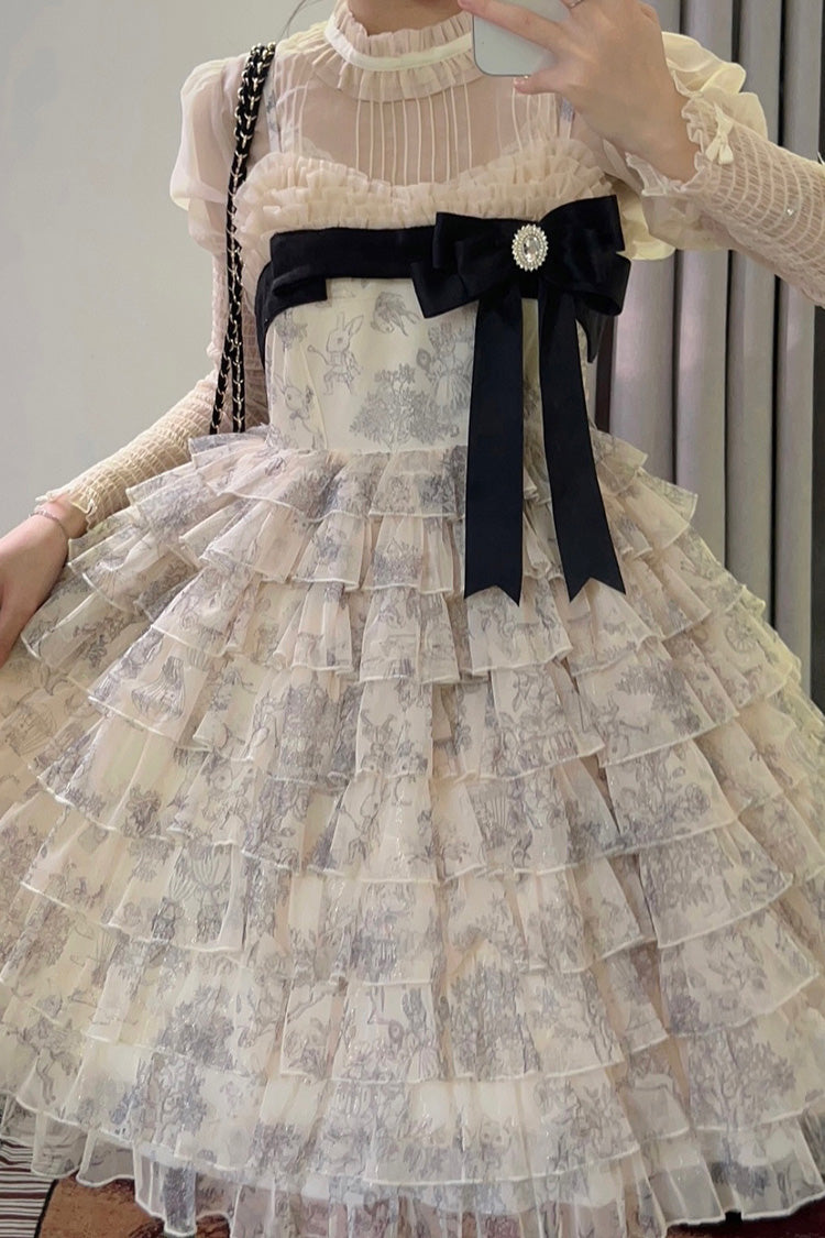 Multi-Color Wonderland Travels Multi-Layered Print Ruffle Bowknot Sweet Lolita Tiered Dress