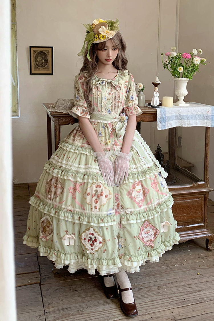 Green Cat Rose Tea Short Sleeves Print Ruffle Cardigan Bowknot Sweet Gorgeous Lolita Dress