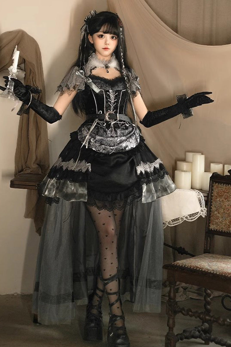 Black Dark Night Rose Short Sleeves Print Ruffle Bowknot Lace Asymmetric Gothic Lolita Dress