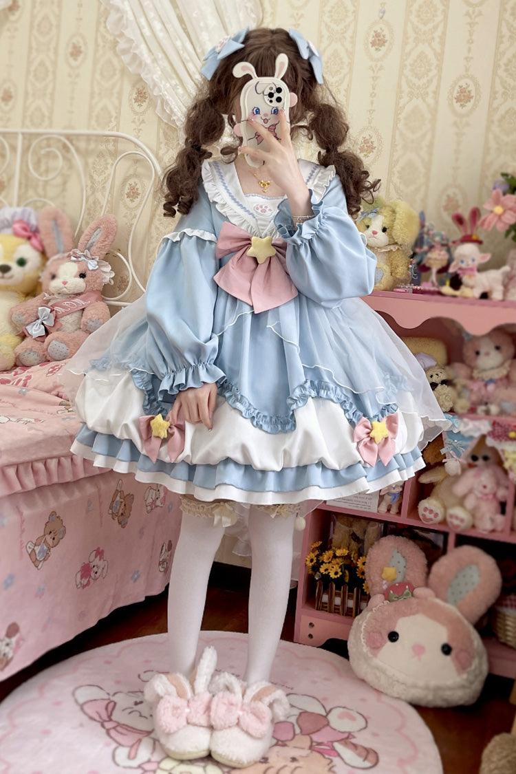 Pray Star Long Sleeves Double-Layered Ruffle Bowknot Stitching Lace Sweet Lolita Dress 5 Colors