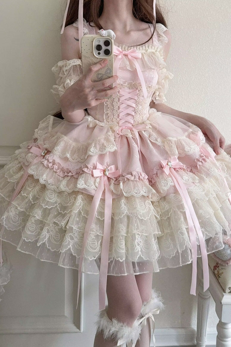 Pink Ribbon Heart Love Sleeveless Multi-Layered Ruffle Bowknot Lace Lace-Up Sweet Princess Ballet Lolita Jsk Dress