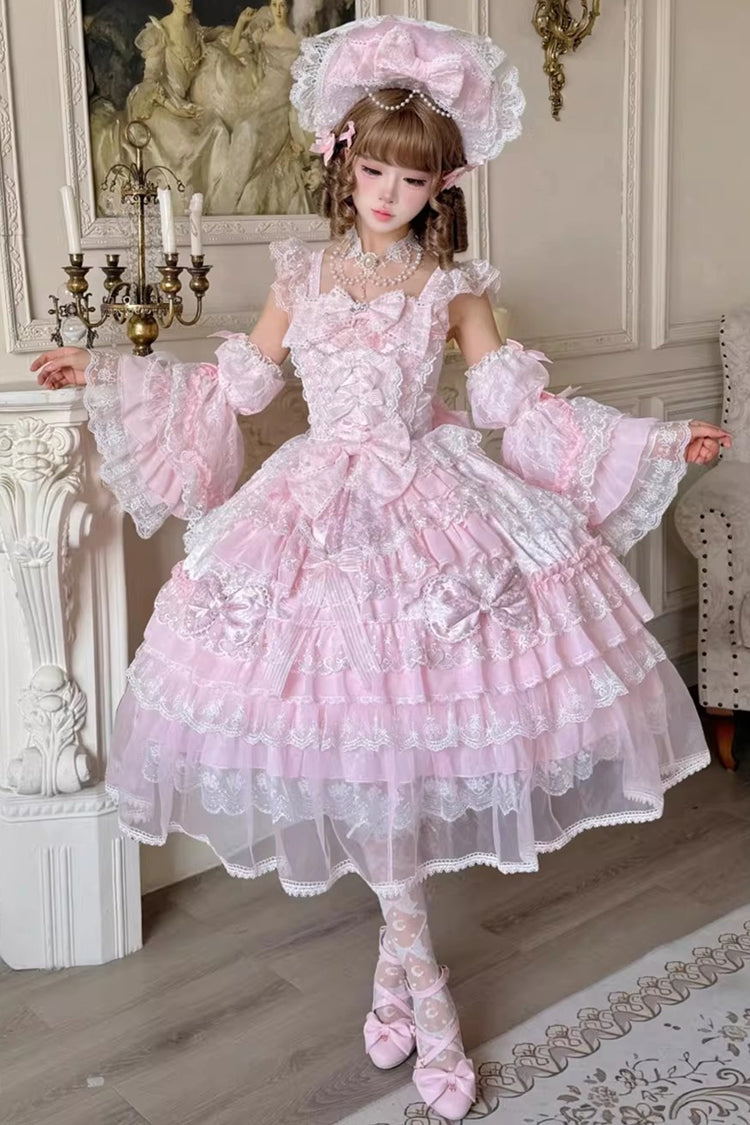 Pink Prelude of Spring Sleeveless Multi-Layered Ruffled Bow Lace Sweet Princess Lolita Jsk Dress