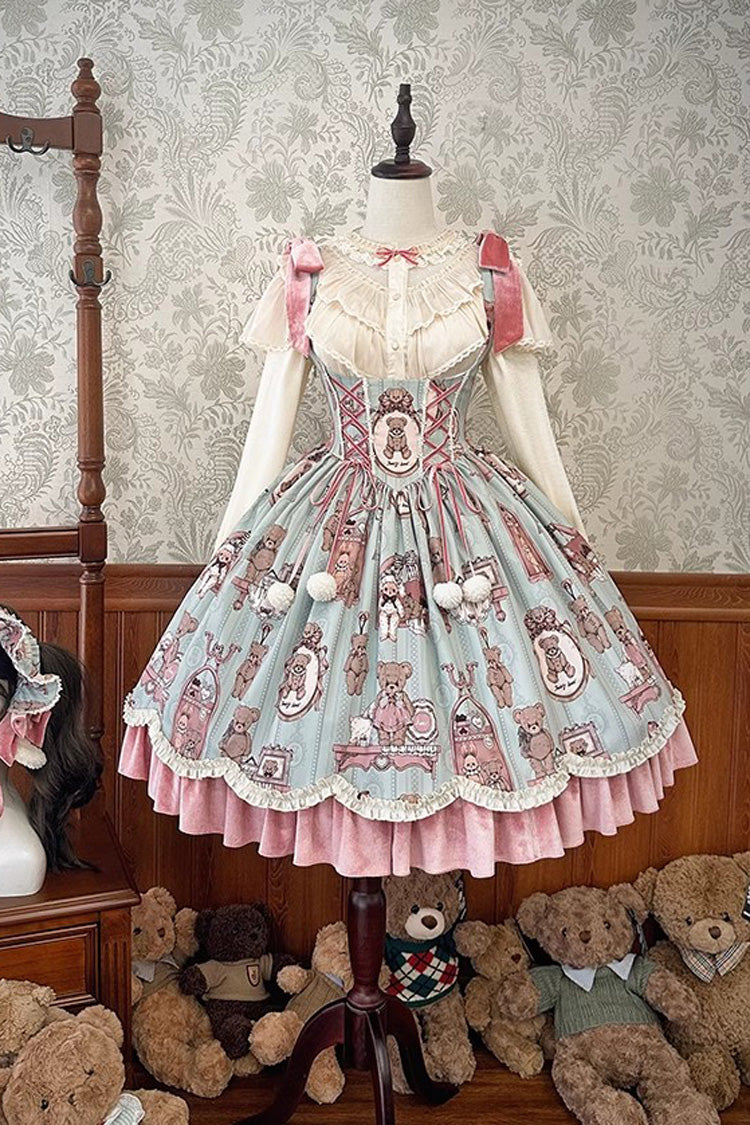 Pink/Green Bear Doll Wall Print Ruffle Embroidery Bowknot Sweet Corset Lolita Jsk Dress