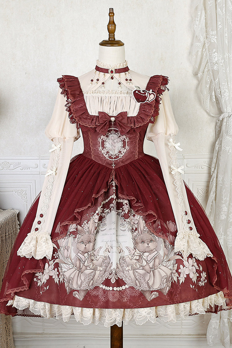 Red Bunny Tea Party Print Ruffle Bowknot Sweet Lolita Jsk Dress