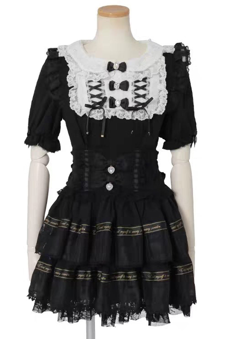 Sweet High Waisted Double-Layered Ruffle Bowknot Stitching Lace Plus Size Japanese Lolita Strap Dress 3 Colors
