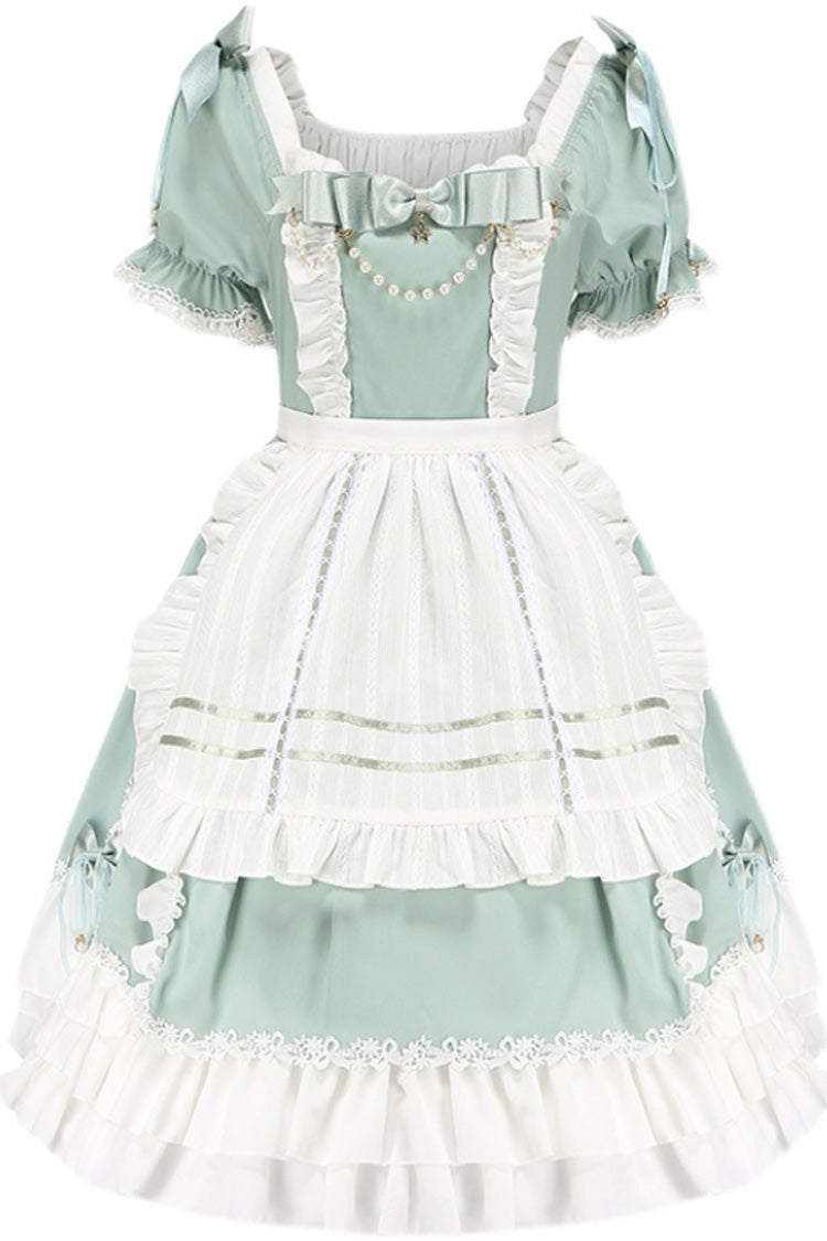 White/Green Spring Wood Branches Short Sleeves Ruffle Hanayome Bowknot Sweet Lolita Dress