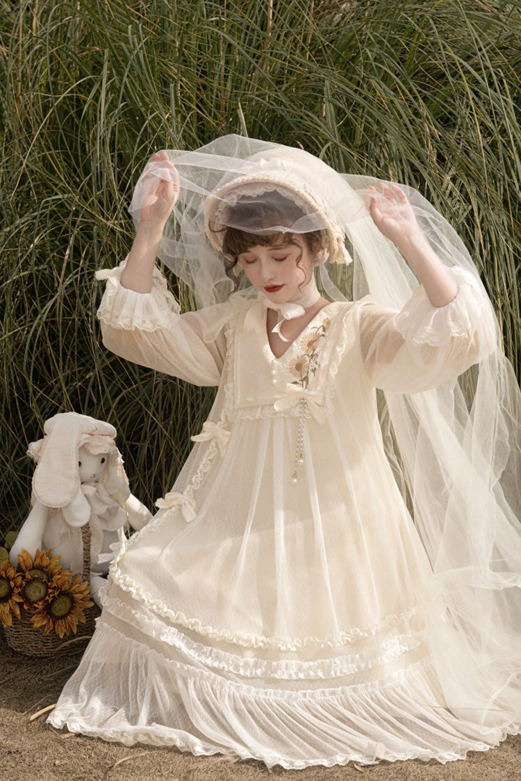 Ivory Sunflower Diary Long Sleeves Ruffle Embroidery Bowknot Lace Chiffon Sweet Princess Lolita Dress