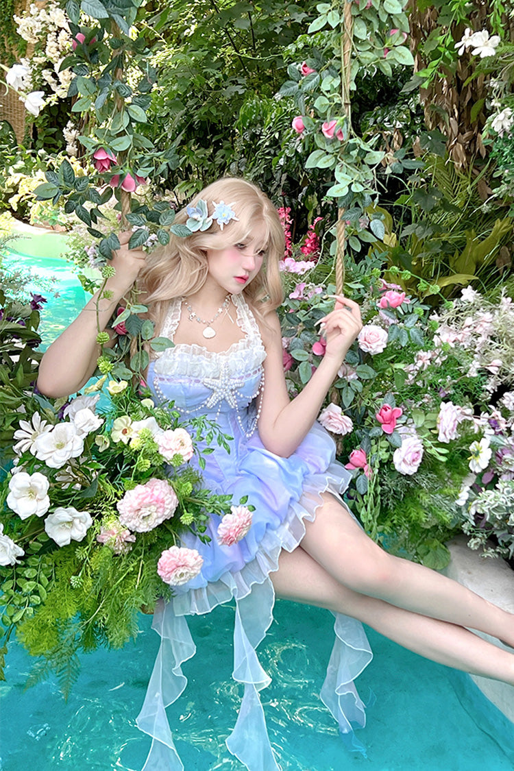 Blue Starlight Jellyfish Princess Halterneck Sleeveless Ruffle Lace Sweet Lolita Jsk Dress