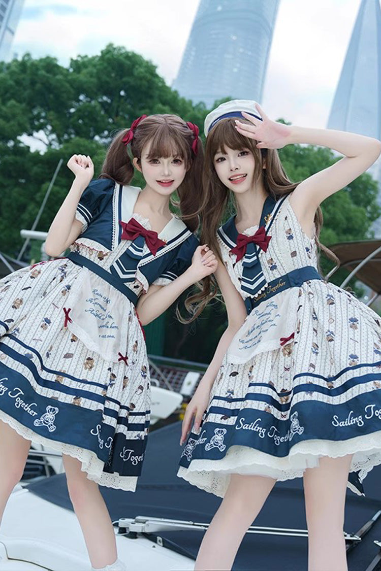 Blue/White Bear Print Navy Ruffle Bowknot Sweet Princess Lolita Jsk Dress