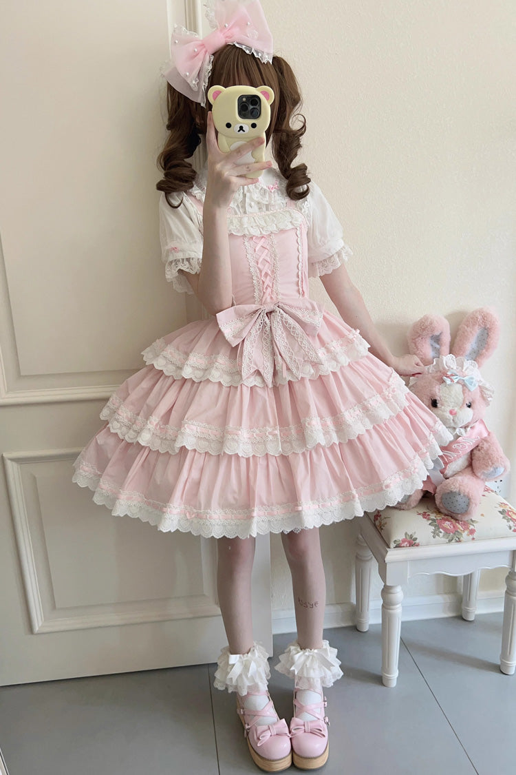 Pink Maiden Heart Triple-Layered Ruffle Bowknot Lace Sweet Lolita Jsk Dress