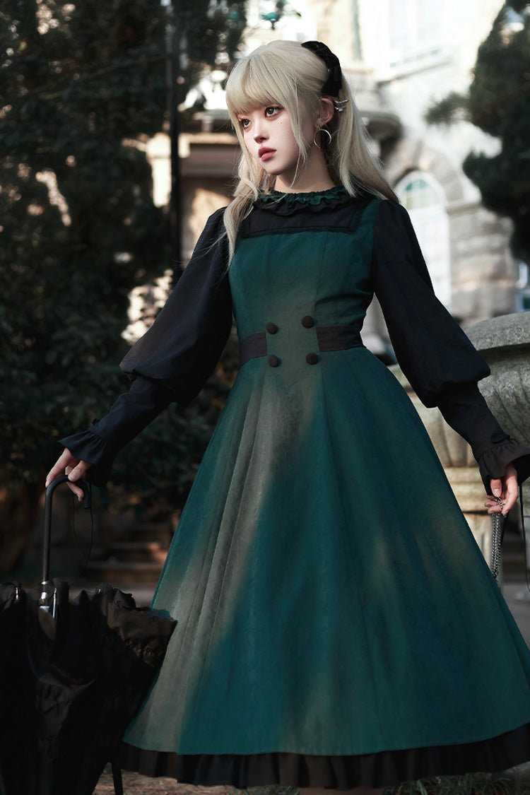 Green Potions School Long Sleeves Ruffle Bowknot Sweet Elegant Lolita Dress Two-piece Set