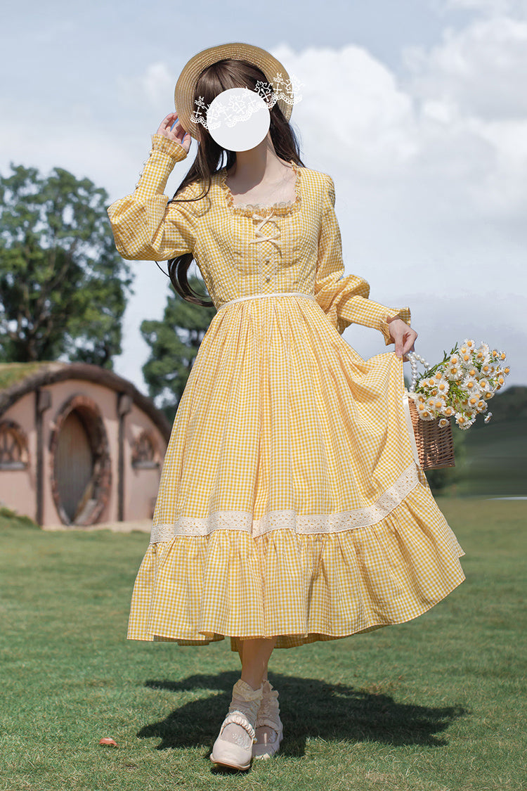 Yellow Long Sleeves Print Ruffle Lace-Up Sweet Elegant Lolita Dress