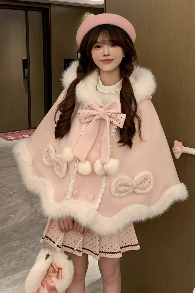 Pink Sea Salt Guava Polka Dot Printed Ruffled Bow Hooded Sweet Princess Lolita Dress Cloak Set