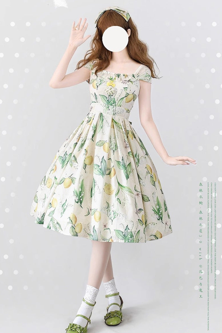 Yellow/Green Forest Basket Lemon Print Bowknot Chiffon Sweet Elegant Lolita Jsk Dress
