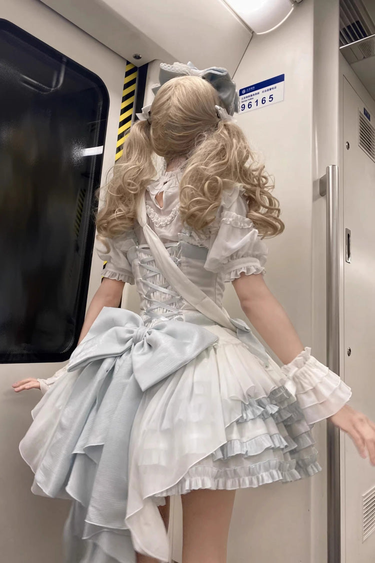 White/Light Blue Multi-layer Ruffle Bowknot Sweet Princess Lolita Jsk Dress (Includes Blouse)