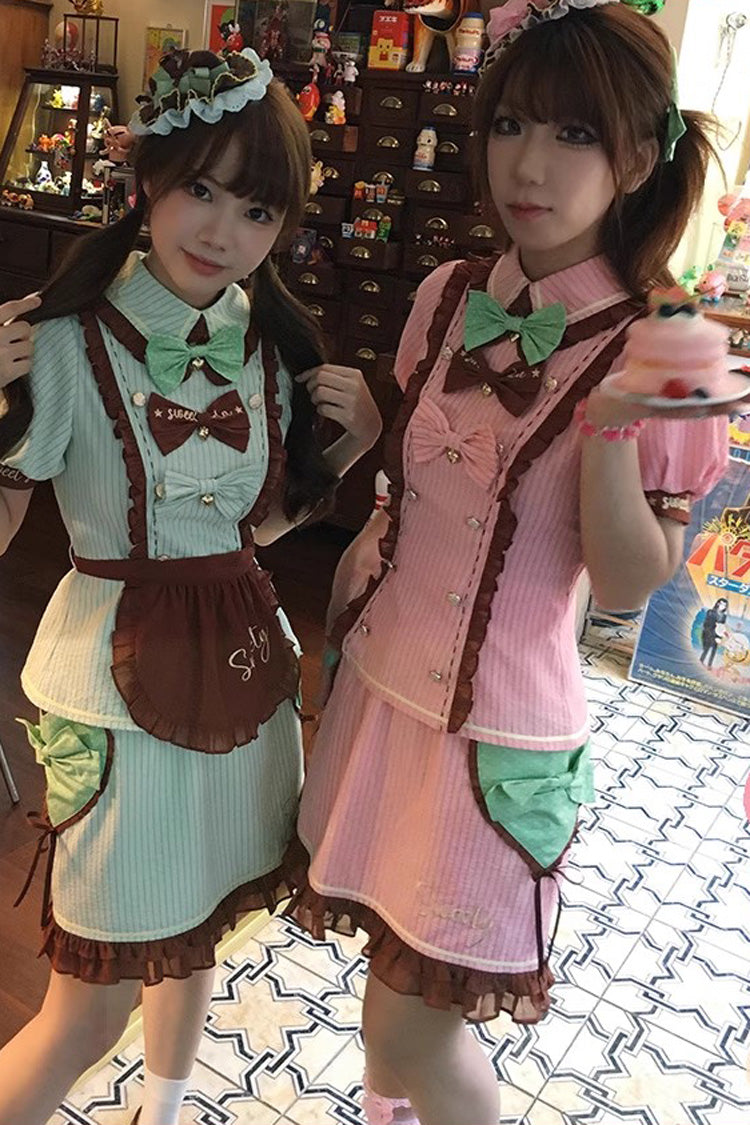 Green Sweet Soda Short Sleeves Print Ruffle Bowknot Apron Sweet Vintage Lolita Skirt Set