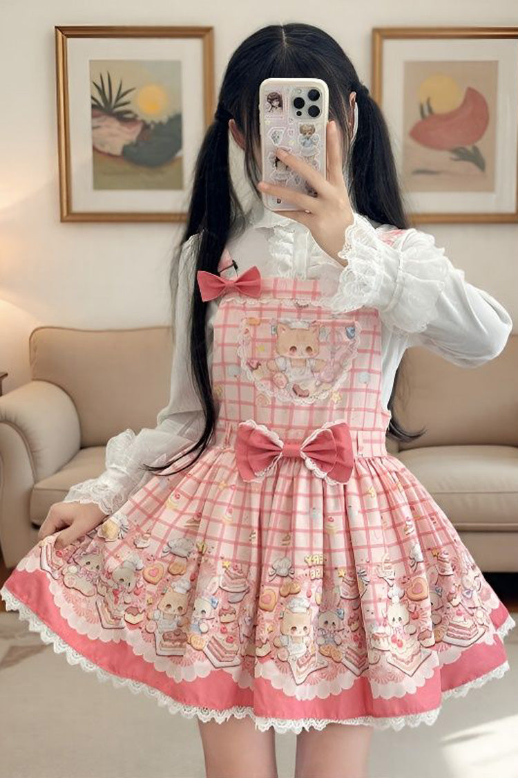 Bear Cake Sleeveless Print Bowknot Lace Doll-Style Sweet Lolita Suspender Dress 3 Colors