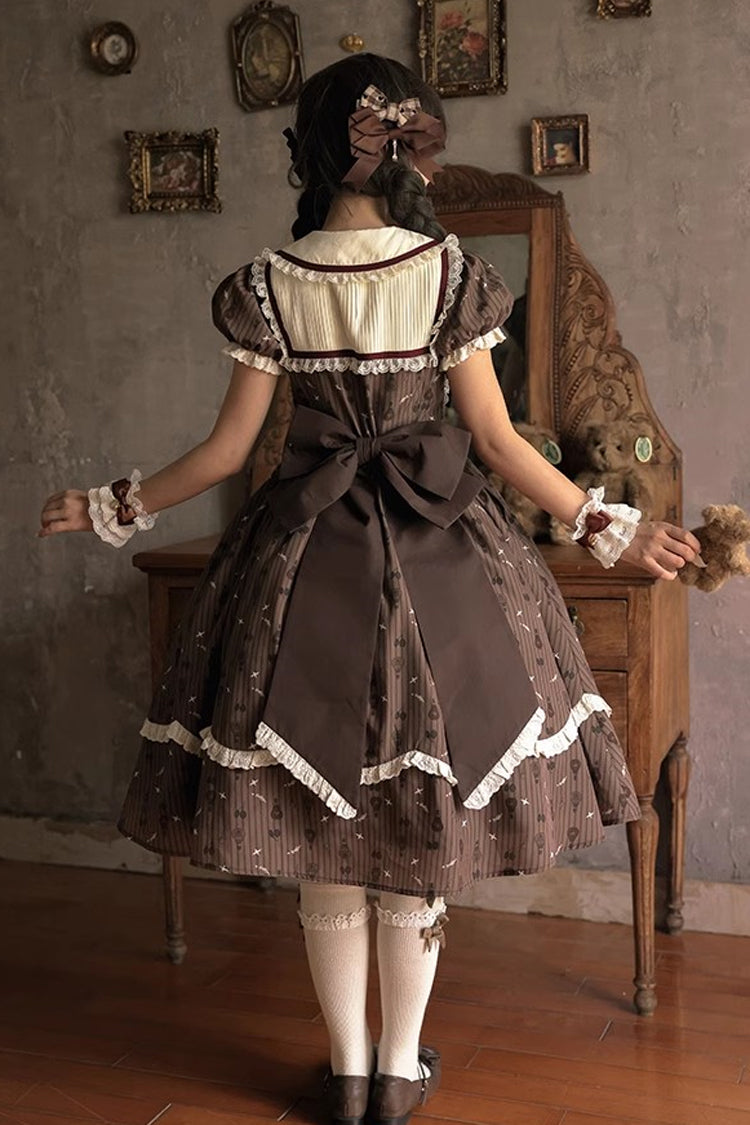 Brown Moro Coco Hot Air Balloon Print Ruffle Bowknot Sweet Elegant Princess Lolita Dress Long Version