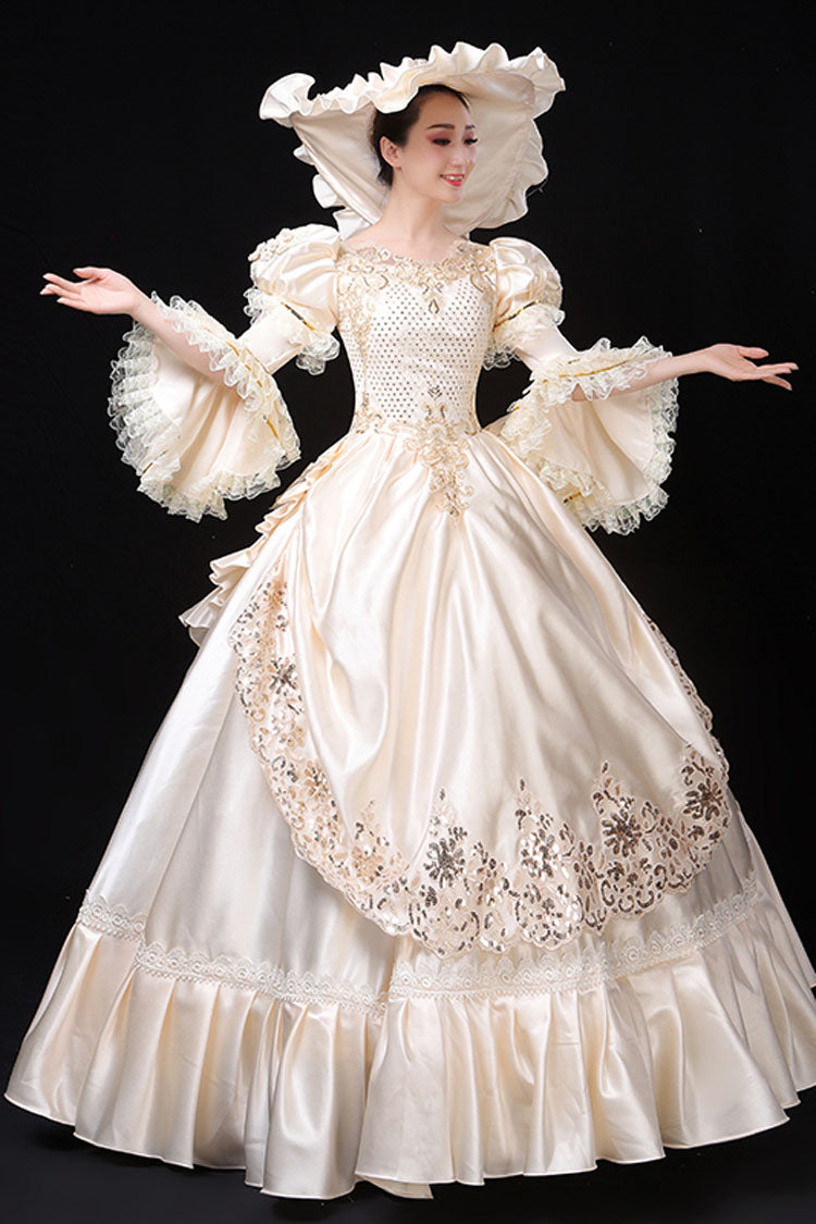 White Court Style High Waisted Flowers Decoration Hime Sleeves Victorian Lolita Prom Dress