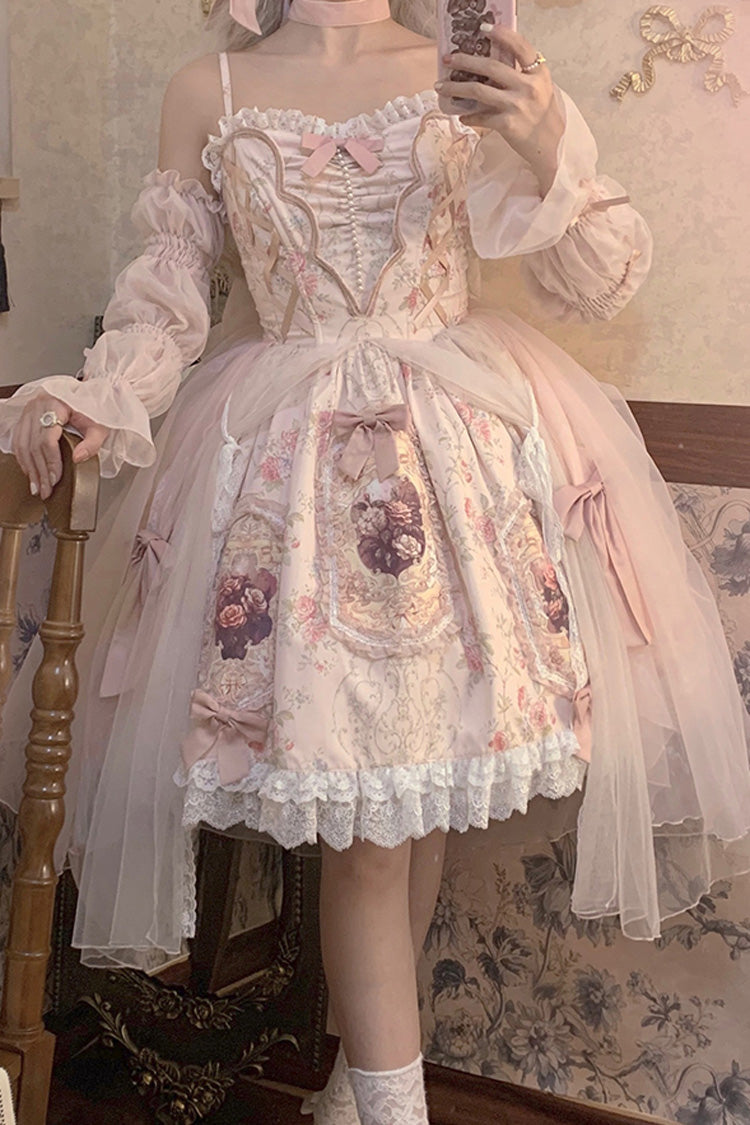 Pink Rose Window Print Ruffle Bowknot Lace Sweet Elegant Princess Lolita Jsk Dress