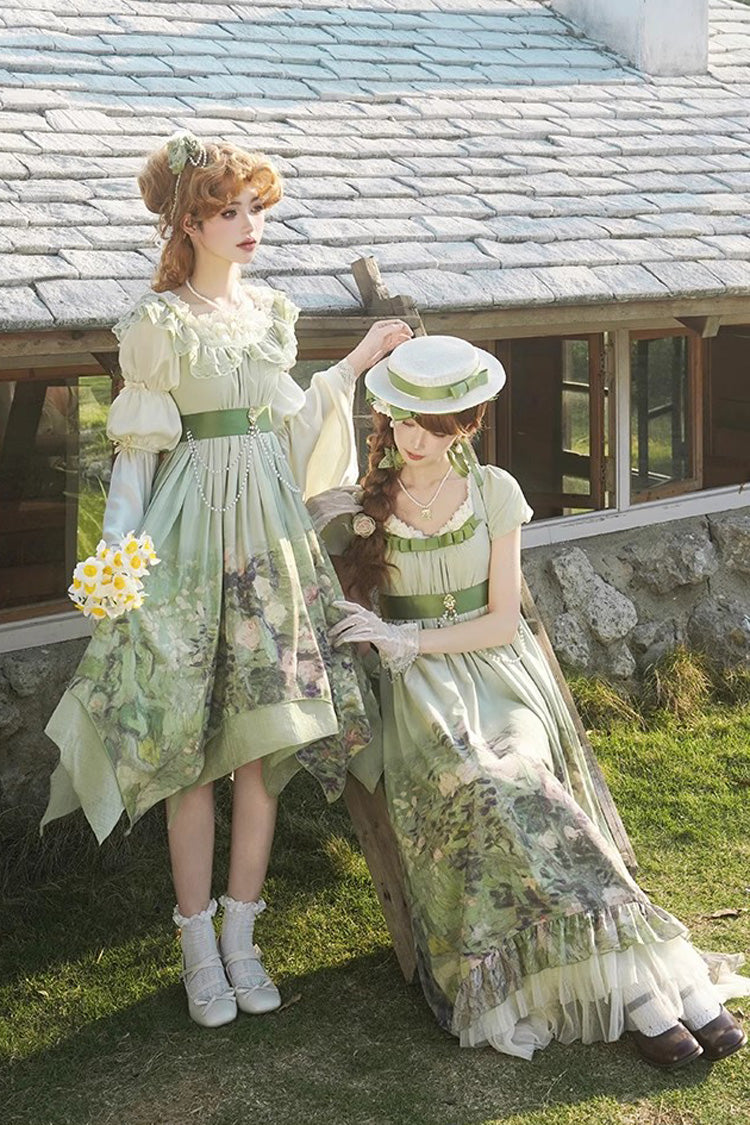 Green Blooming Roses Print Oil Painting Chiffon Ruffle Bowknot Irregular Sweet Lolita Jsk Dress