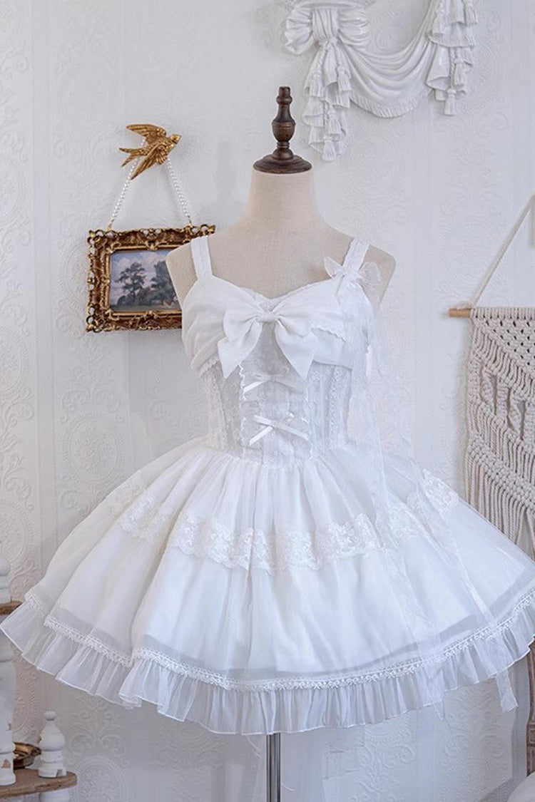 White Bright Moonlight Sleeveless Ruffle Bowknot Lace Lace-Up Sweet Elegant Lolita Jsk Dress
