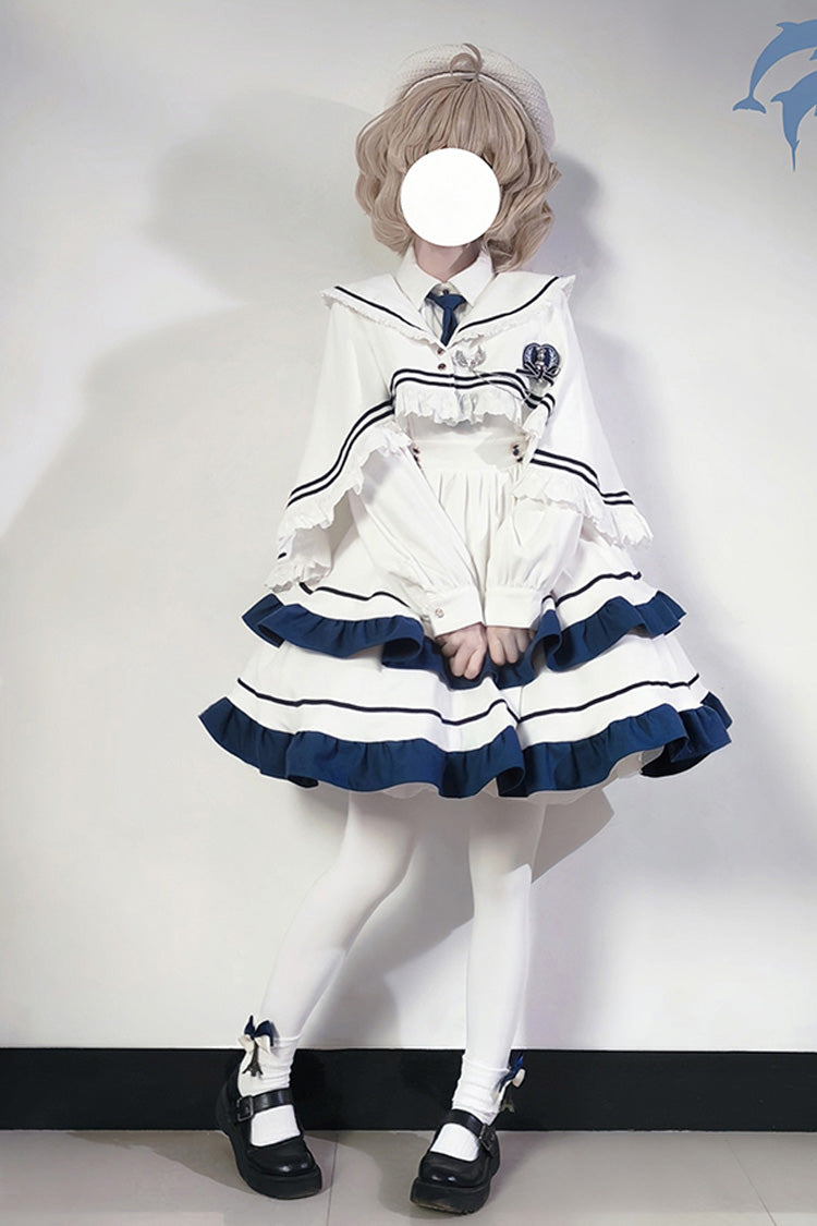 White Long Sleeves Double-Layered Ruffle Sweet College Style Lolita Dress