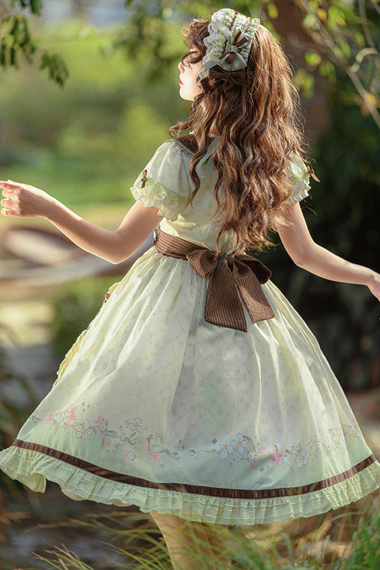 Green/Ivory Lily Short Sleeves Print Ruffle Embroidery Bowknot Lace Sweet Elegant Lolita Dress